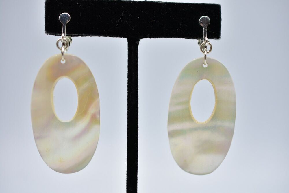 Vintage Clip Earrings Abalone Shell Mother Pearl Dangle White MOP Nautical Bin5
